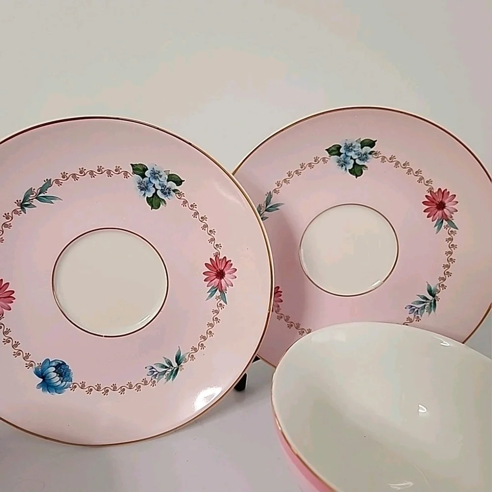 Grace Teaware Pink Floral Tea Cup Saucer Set 2 Cottagecore Gold Gilt Tea Party